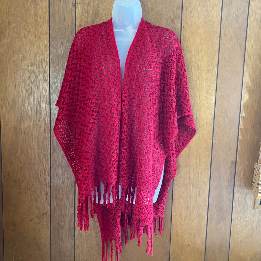 Just Be Shaw‎ Wrap Womens OS Red Chevron Fringe Layering Knit Festival Boho Cozy